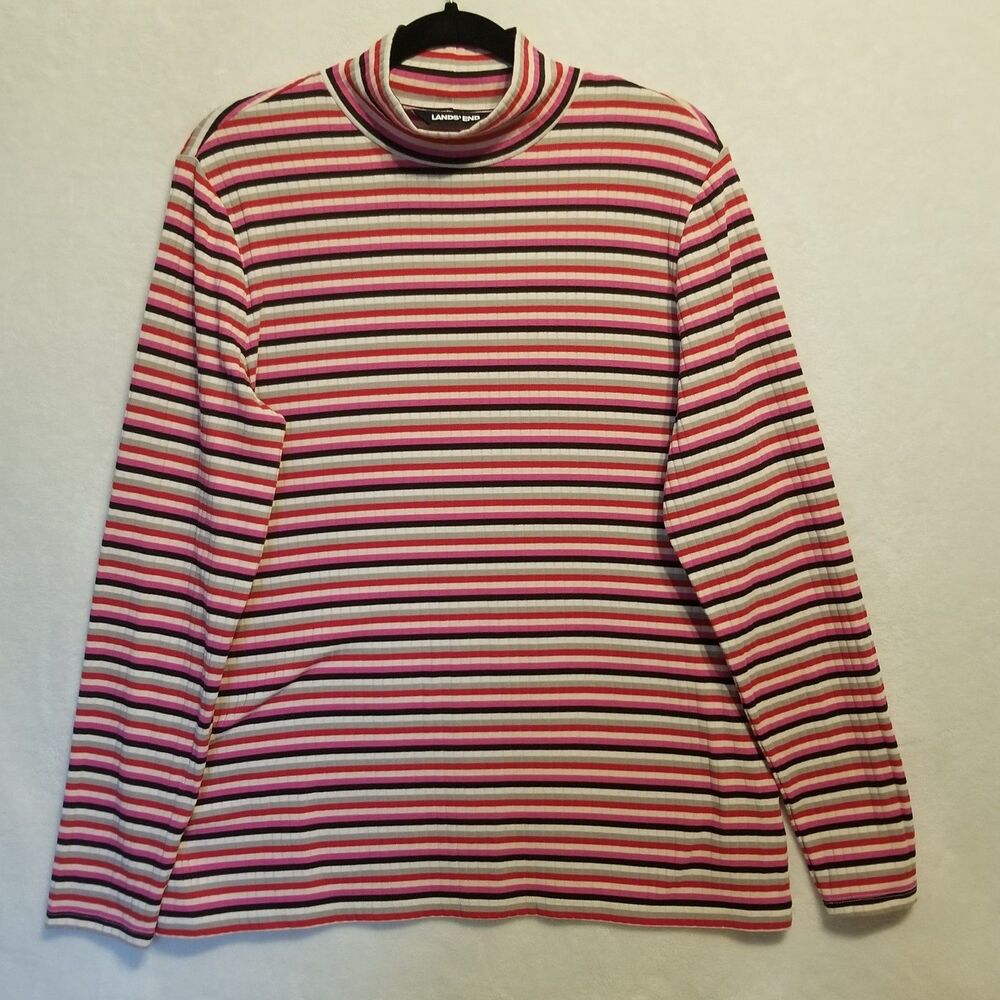 Lands' End Lg Top Pink Striped Pullover Mock Neck Preppy Classic Layering